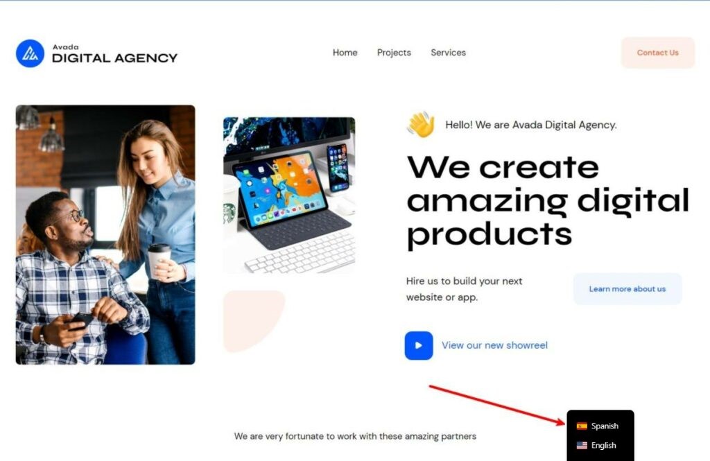 Hovering over the floating language switcher on a website built with Avada