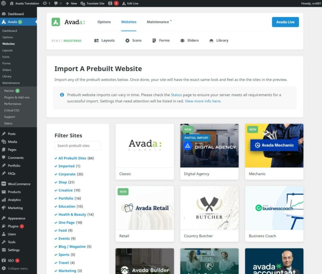 Importing a prebuilt website from Avada