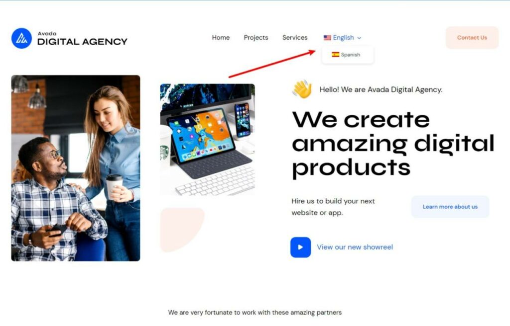 Hovering the menu language switcher on a website built with Avada