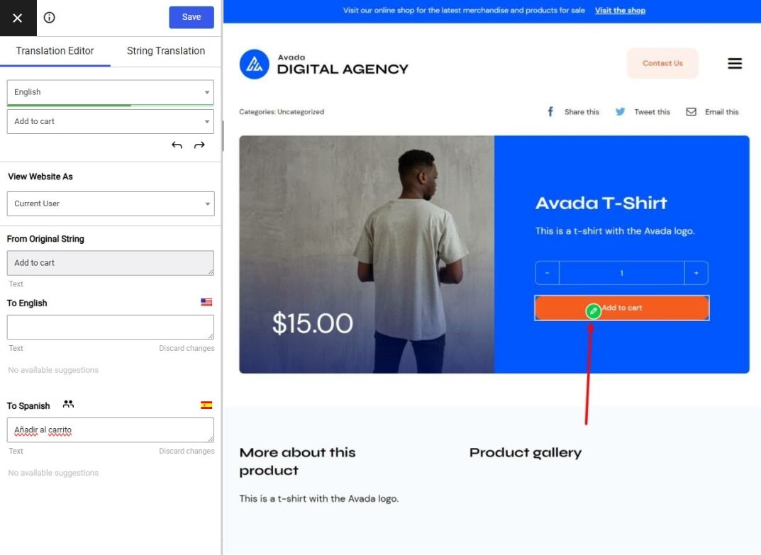 Selecting a gettext string to be translated with Translation Editor from a website built with Avada