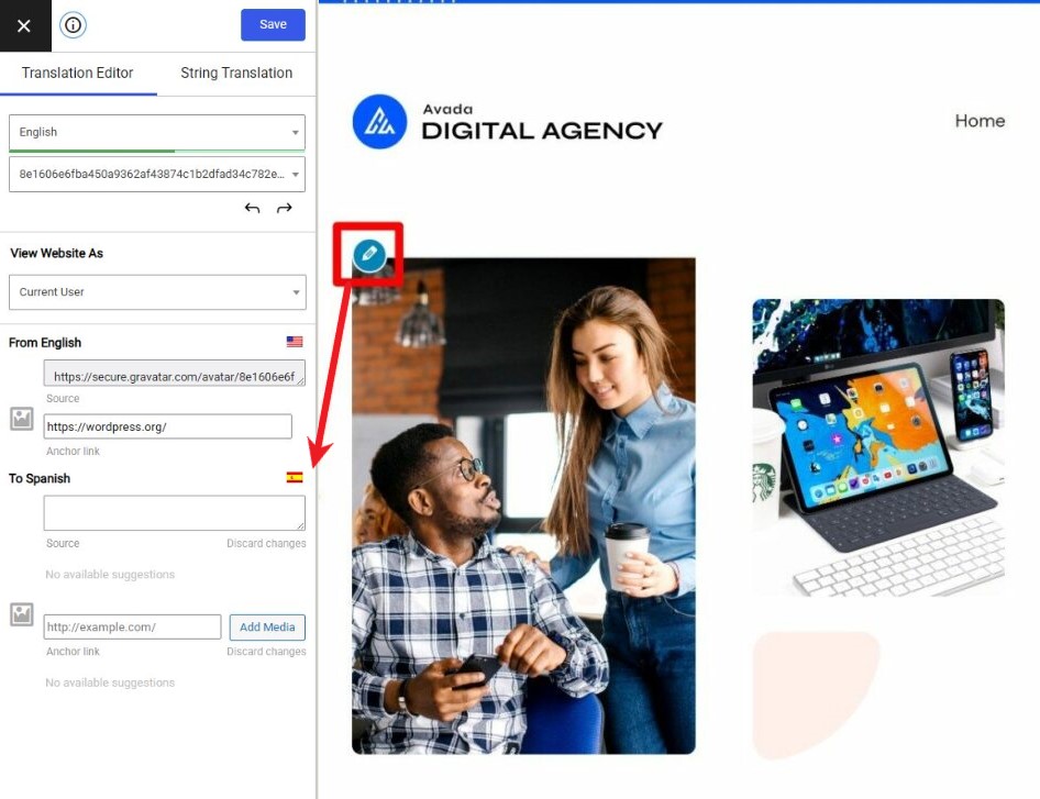 Selecting an image to be translated with Translation Editor from a website built with Avada