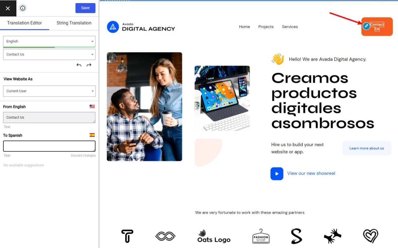 Selecting a menu item to be translated with Translation Editor from a website built with Avada