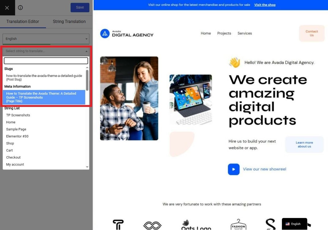 Opening the list of strings from Translation Editor and hovering over the SEO Page Title string
