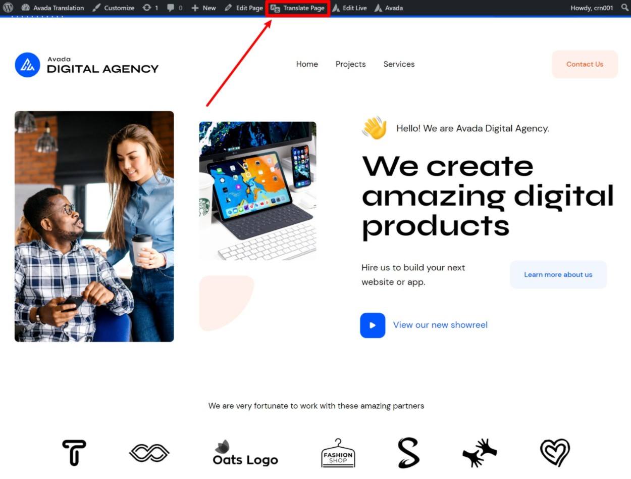 Clicking the Translate Page button from WordPress Toolbar to run the Translation Editor on a website built with Avada