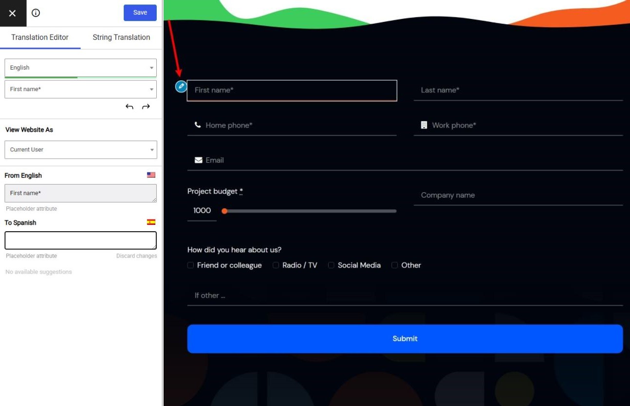 Selecting a placeholder to be translated with Translation Editor from a website built with Avada