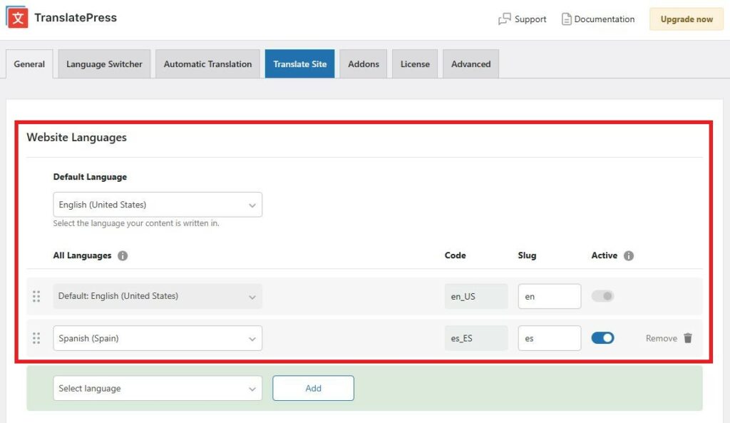 Adding Spanish as additional language from TranslatePress General tab