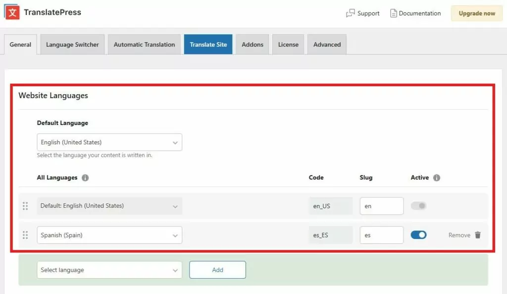 Adding Spanish as additional language from TranslatePress General tab