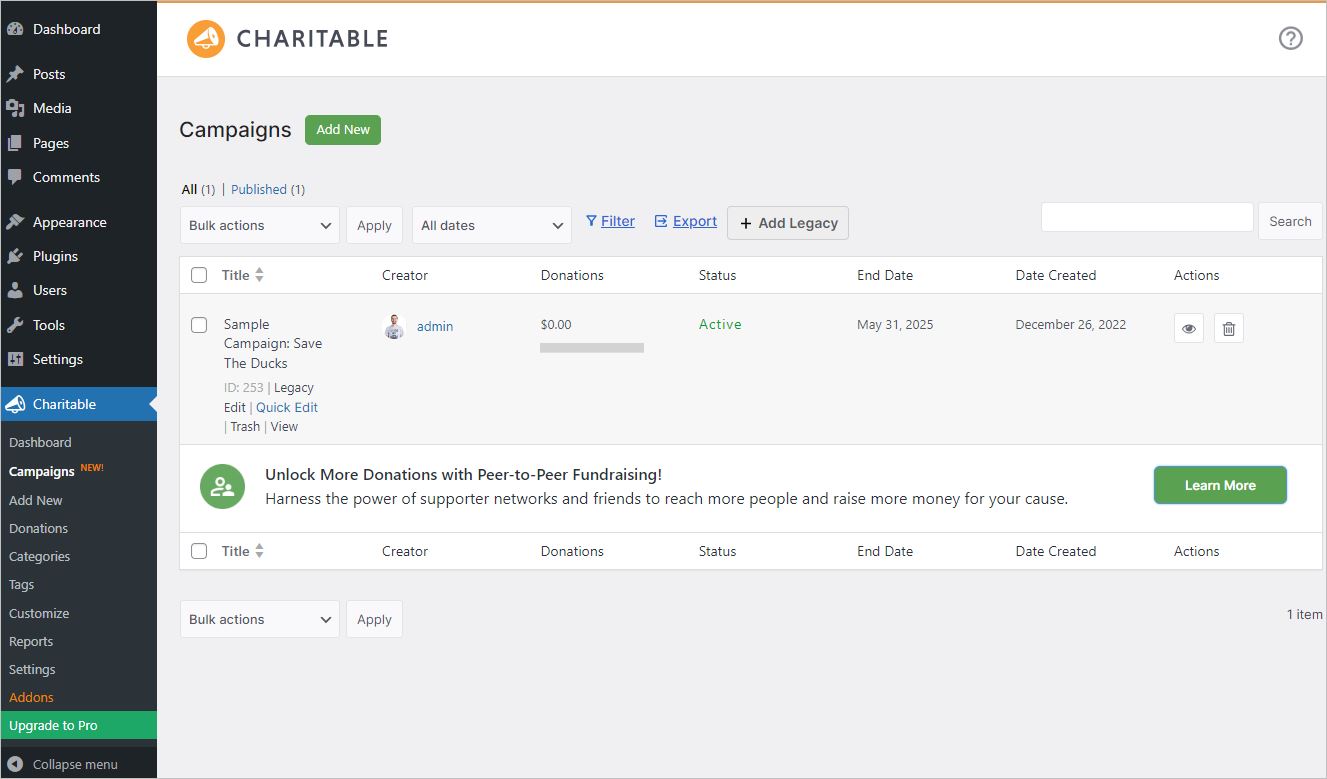 Available campaign in Charitable Campaigns tab