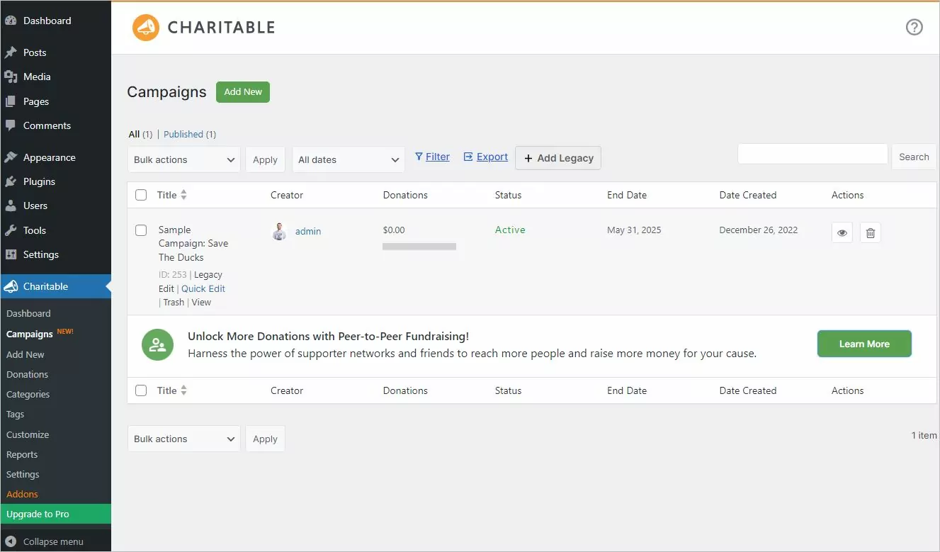 Available campaign in Charitable Campaigns tab