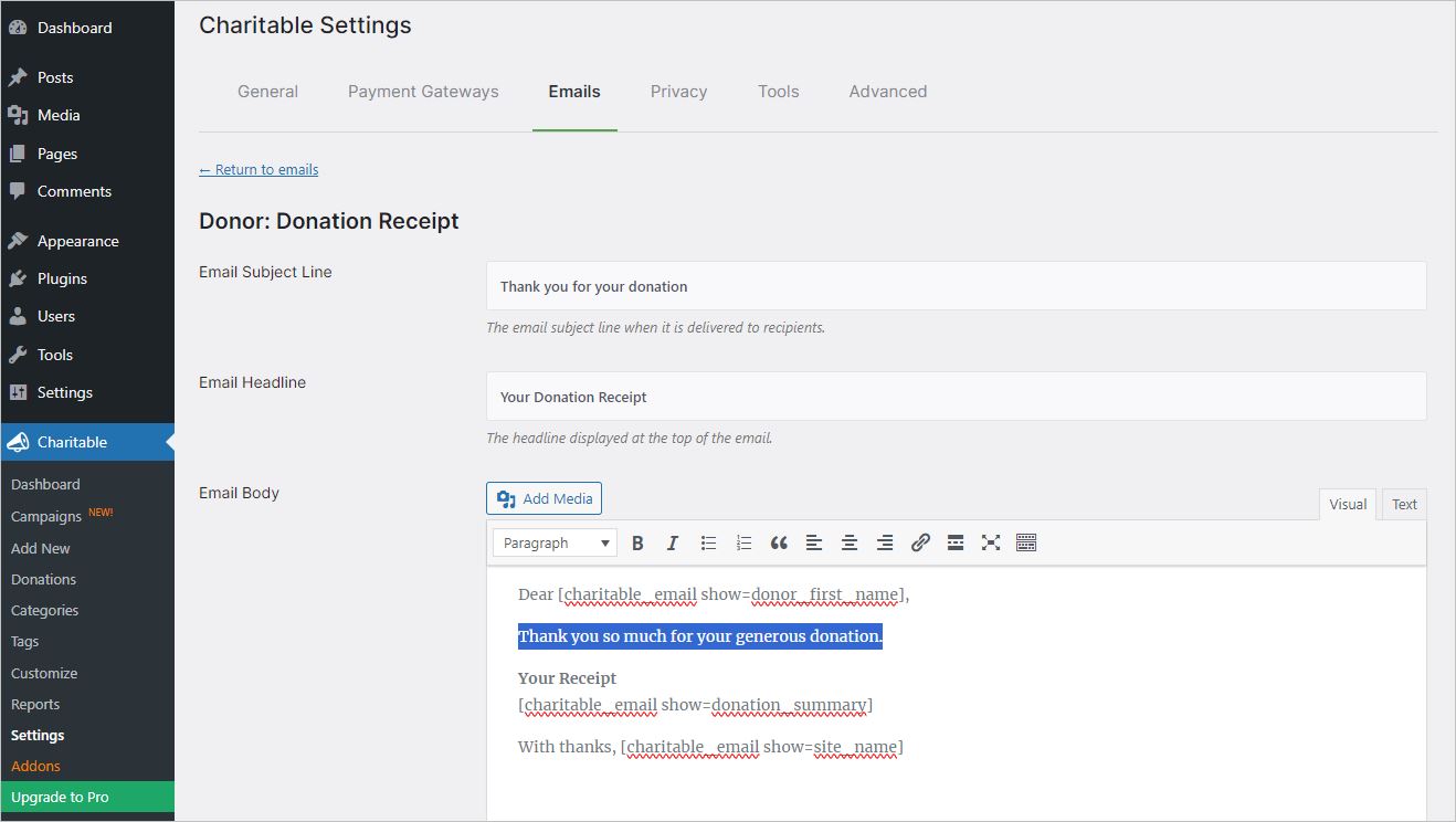 Editing a Donation Receipt from Charitable plugin