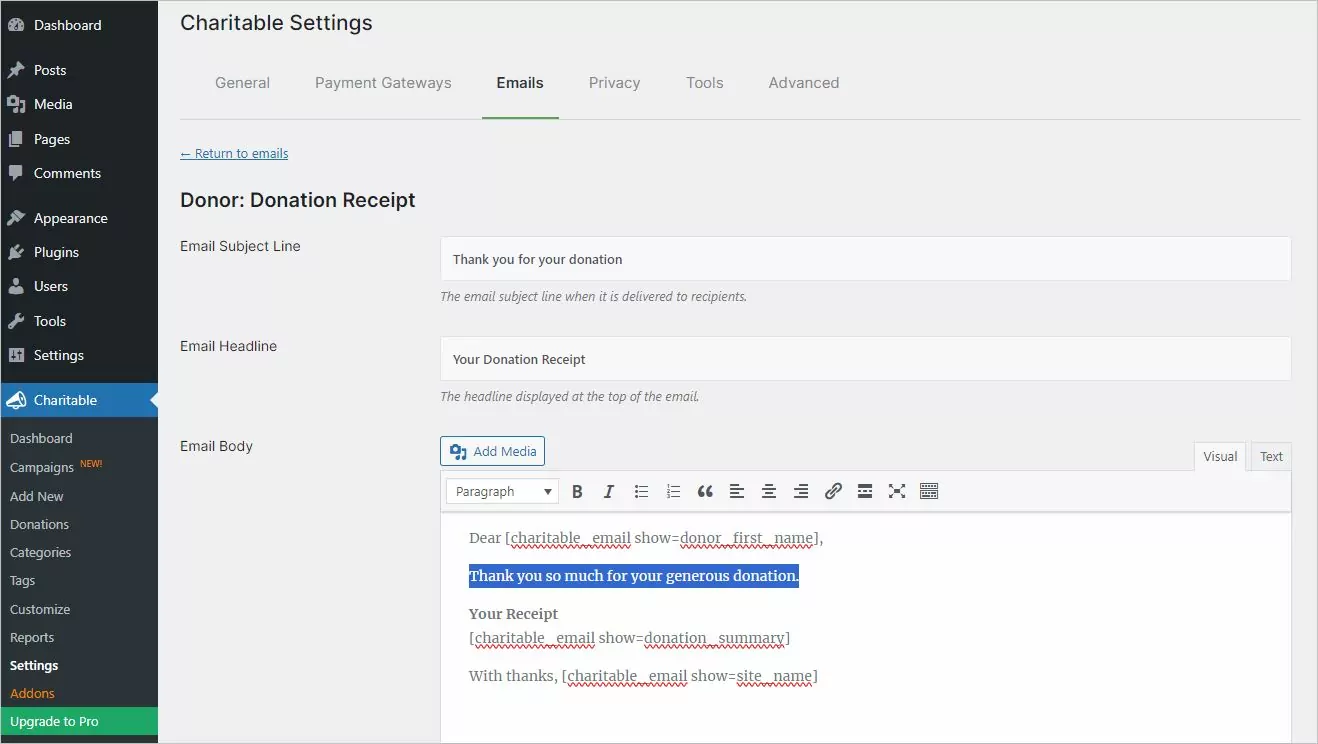 Editing a Donation Receipt from Charitable plugin