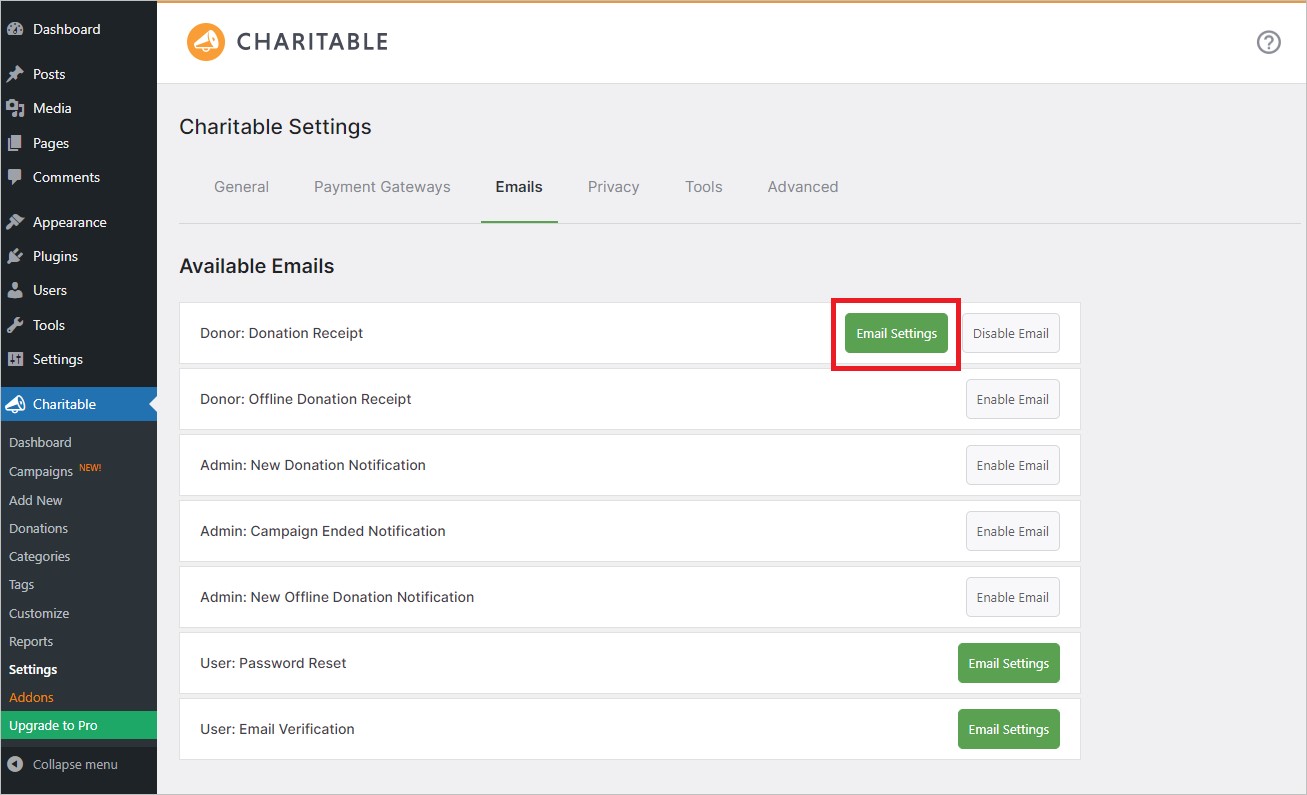 Email settings of Charitable plugin