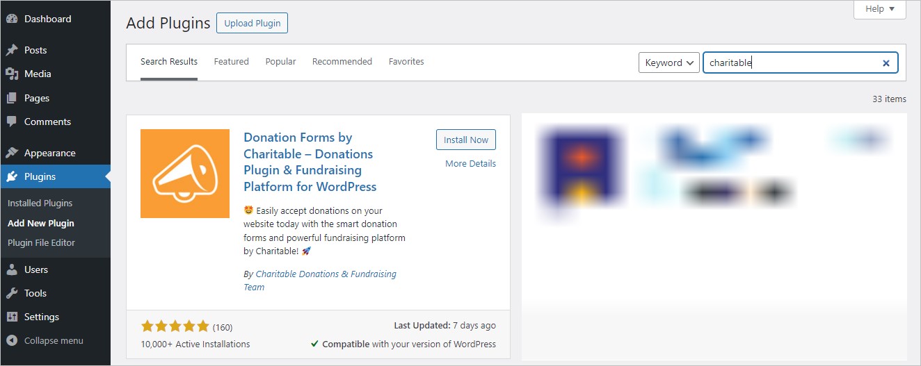Searching and installing Charitable plugin