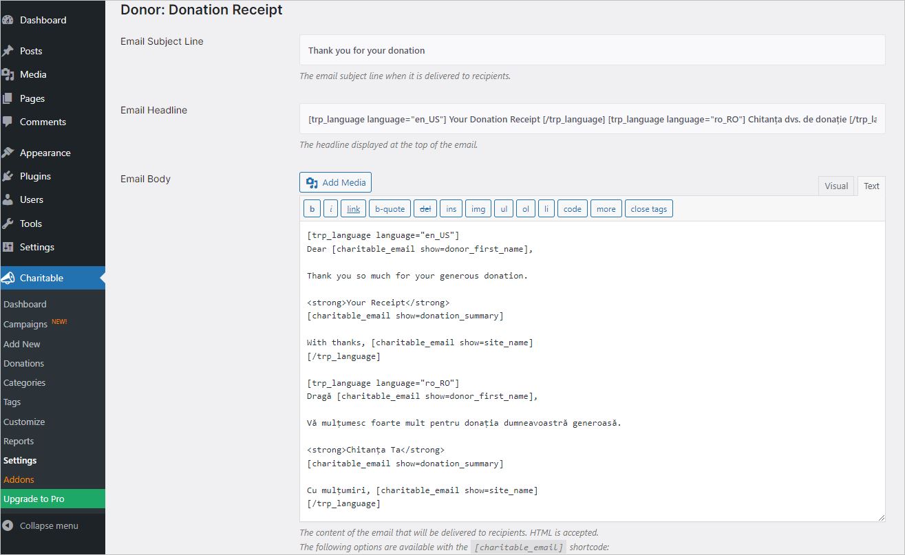 Translating a Donation Receipt from Charitable plugin using the Coditional Shortcode Based on Language from TranslatePress