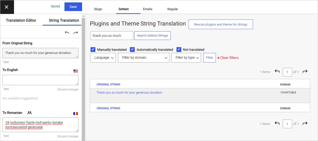 Translating a Charitable gettext string with String Translation Interface from TranslatePress