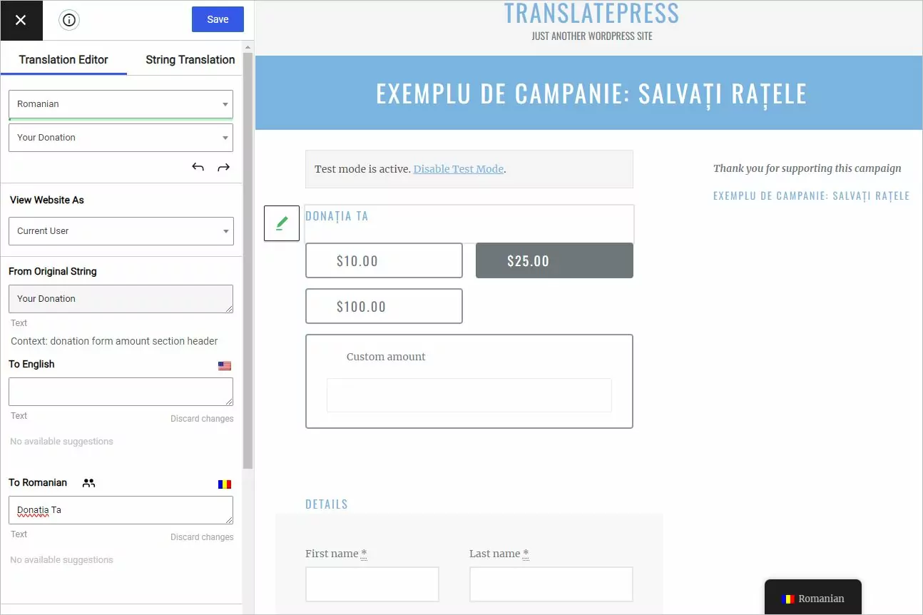 Translating a gettext string from a sample campaign page