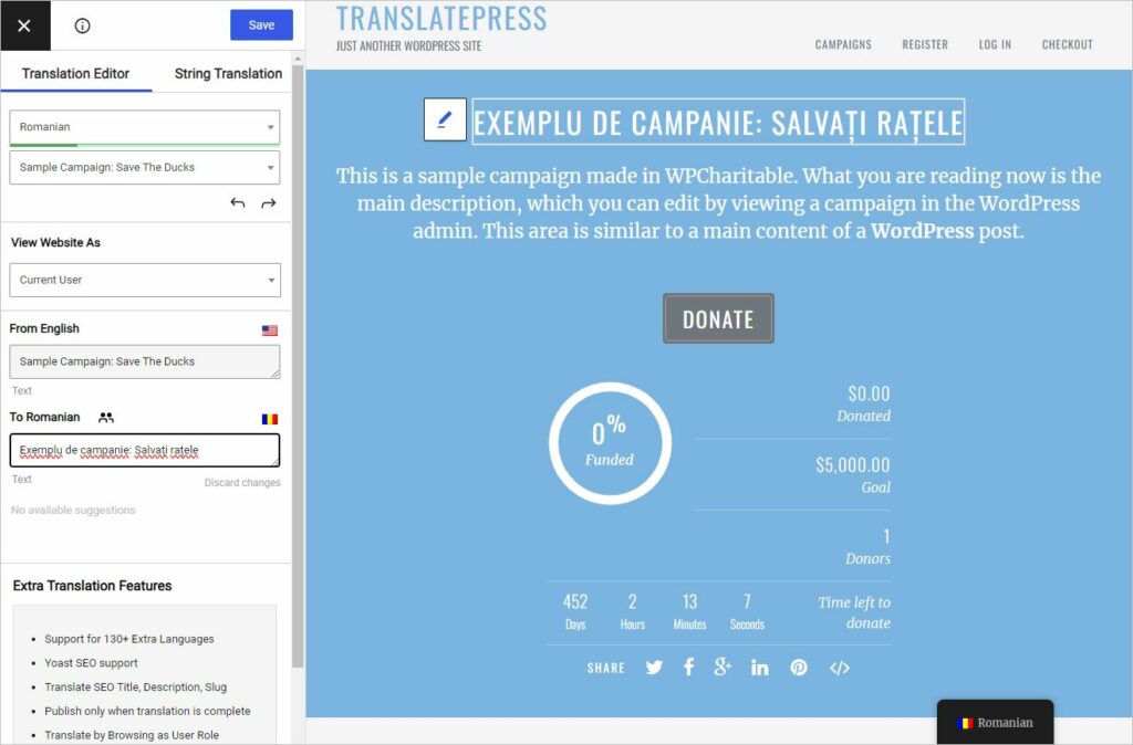 Translating a sample campaign page