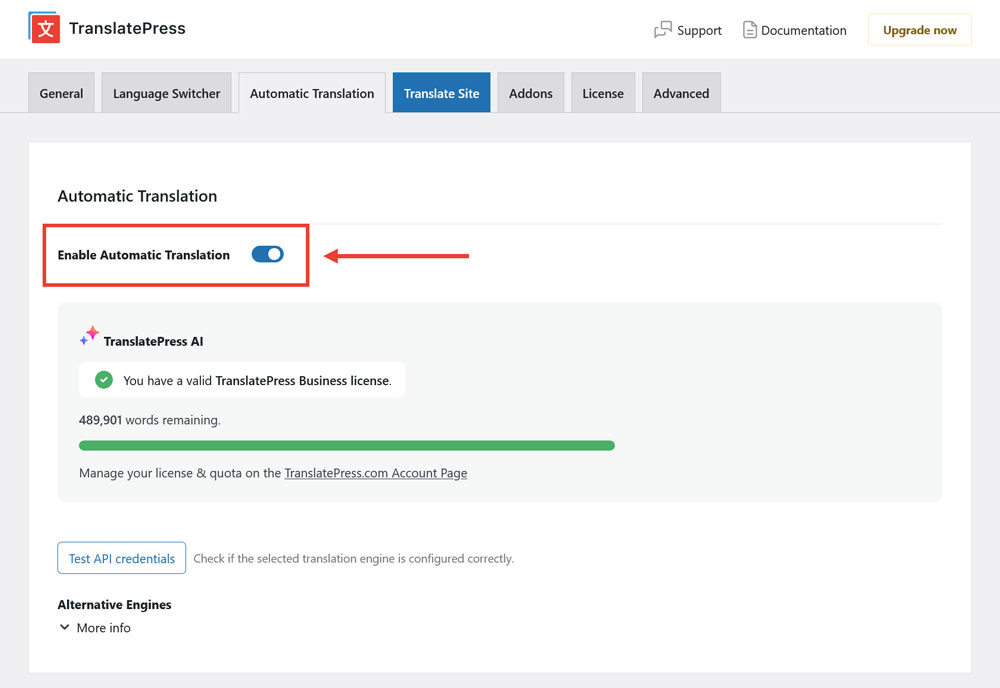 enable automatic translation in translatepress