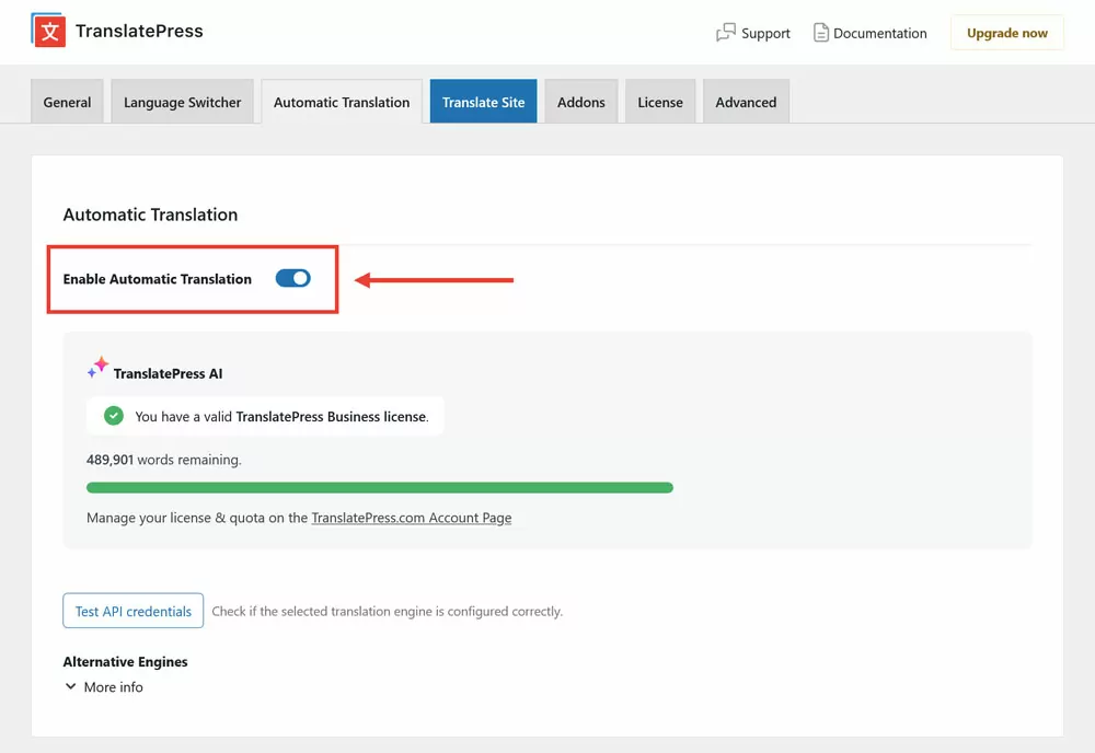 enable automatic translation in translatepress