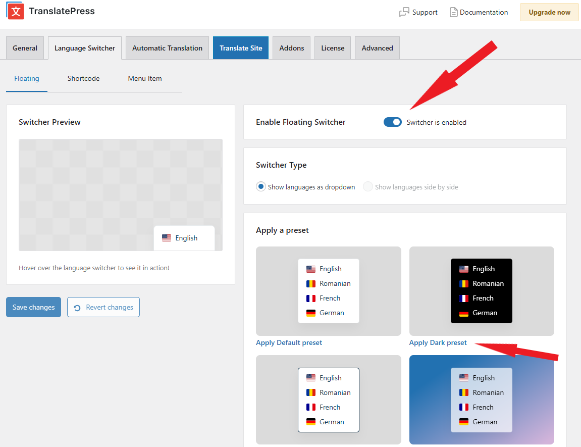 Customizing the floater language switcher in TranslatePress Settings