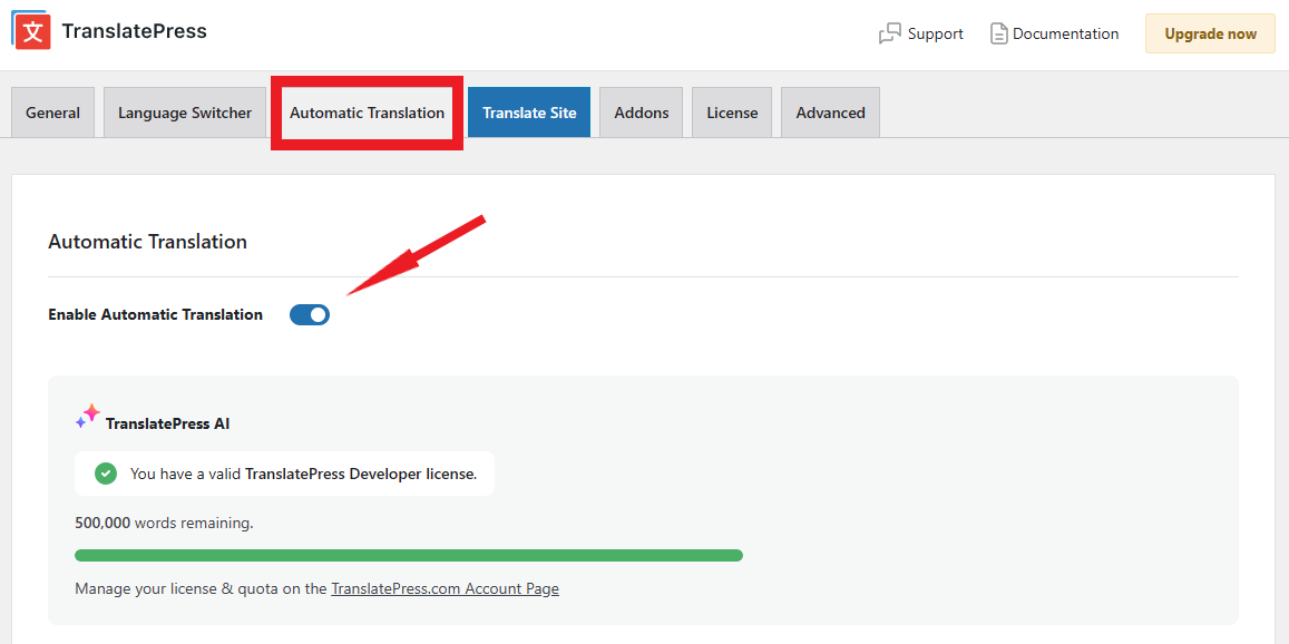 Enabling TranslatePress AI automatic engine from Automatic Translation tab in TranslatePress Settings