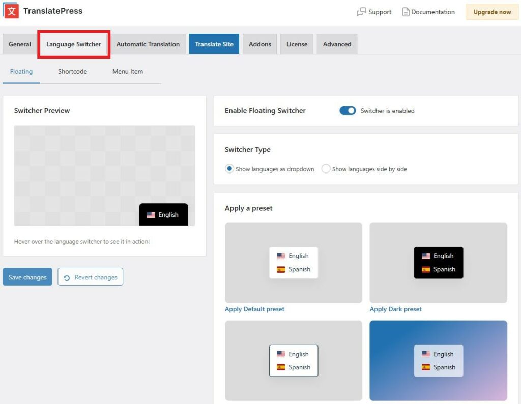 Configuring the floating language switcher settings from the TranslatePress Settings
