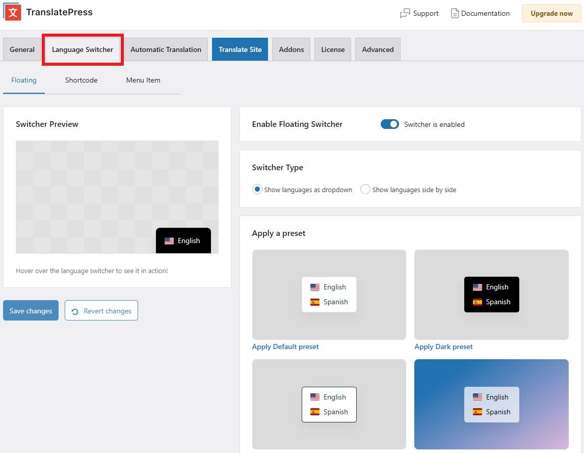 Configuring the floating language switcher settings from the TranslatePress