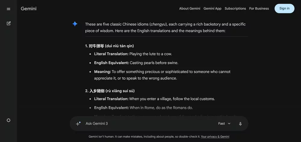 Google Gemini: spiegazione delle espressioni in cinese