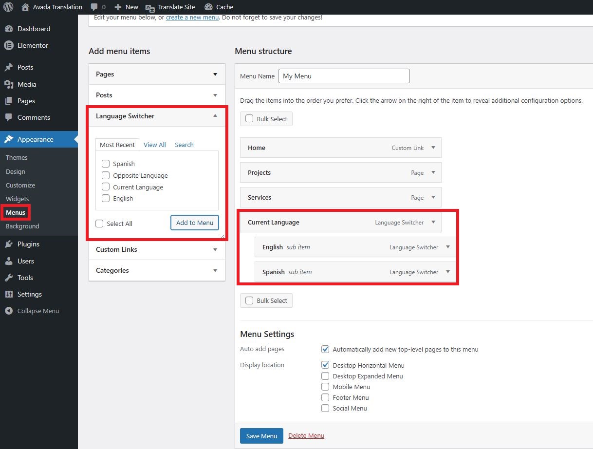Configuring the menu language switcher from WordPress Menus section