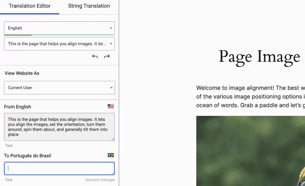 The TranslatePress SEO Pack settings screen in WordPress showing an English meta description awaiting translation in Brazilian Portuguese.