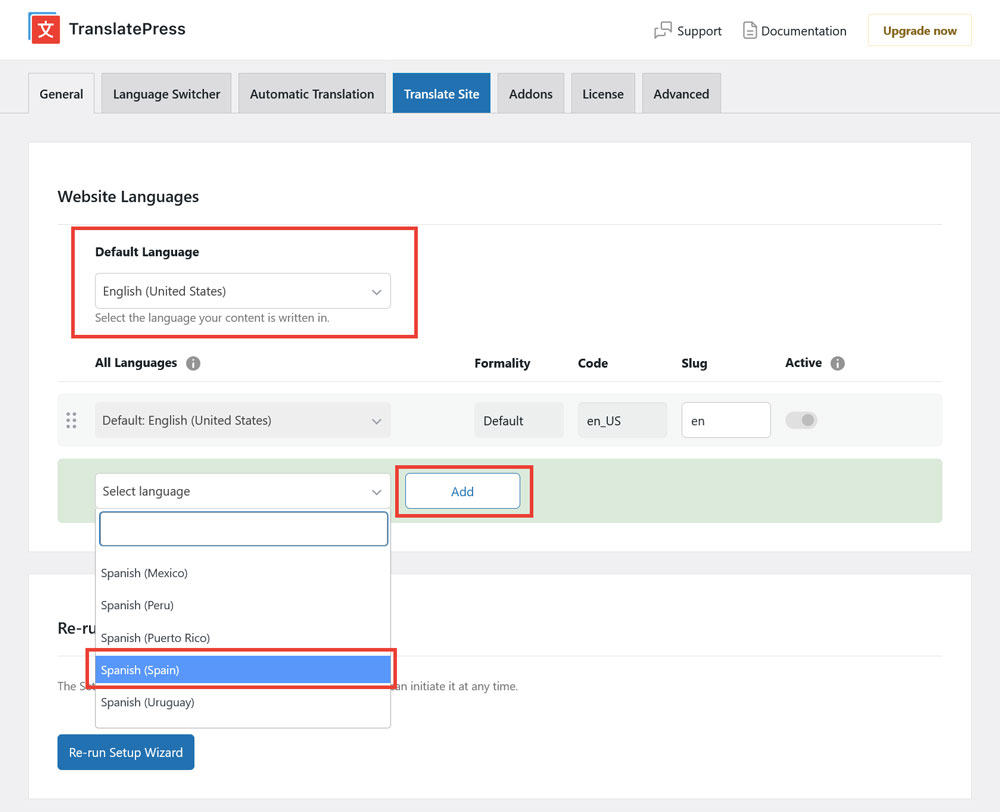set up source and target languages in translatepress settings