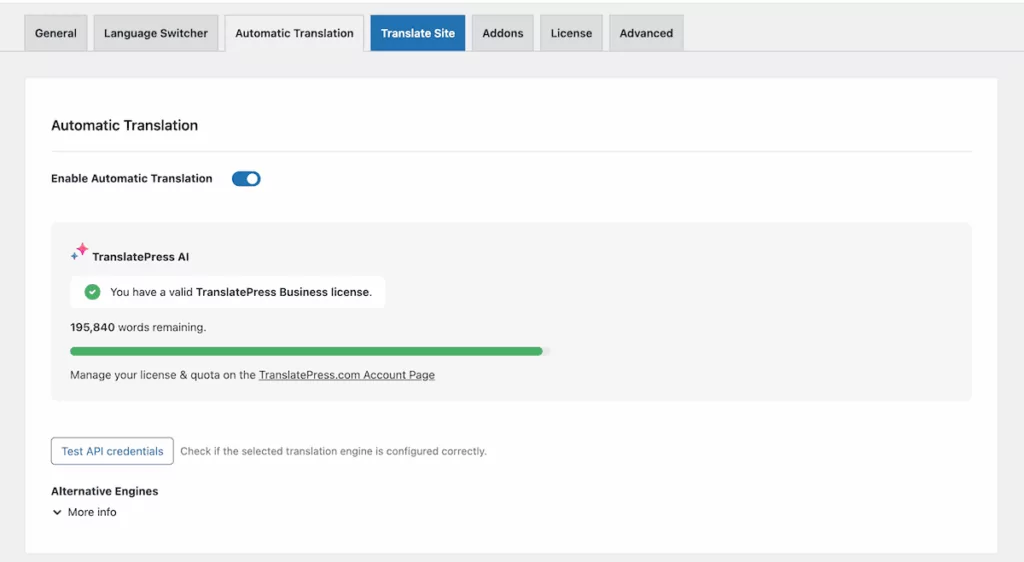 The TranslatePress Automatic Translation settings panel in the WordPress dashboard showing the TranslatePress AI option.