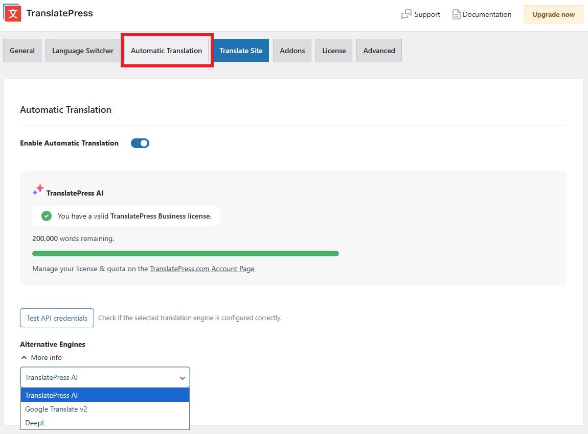 Enabling automatic translation with TranslatePress AI from TranslatePress Settings