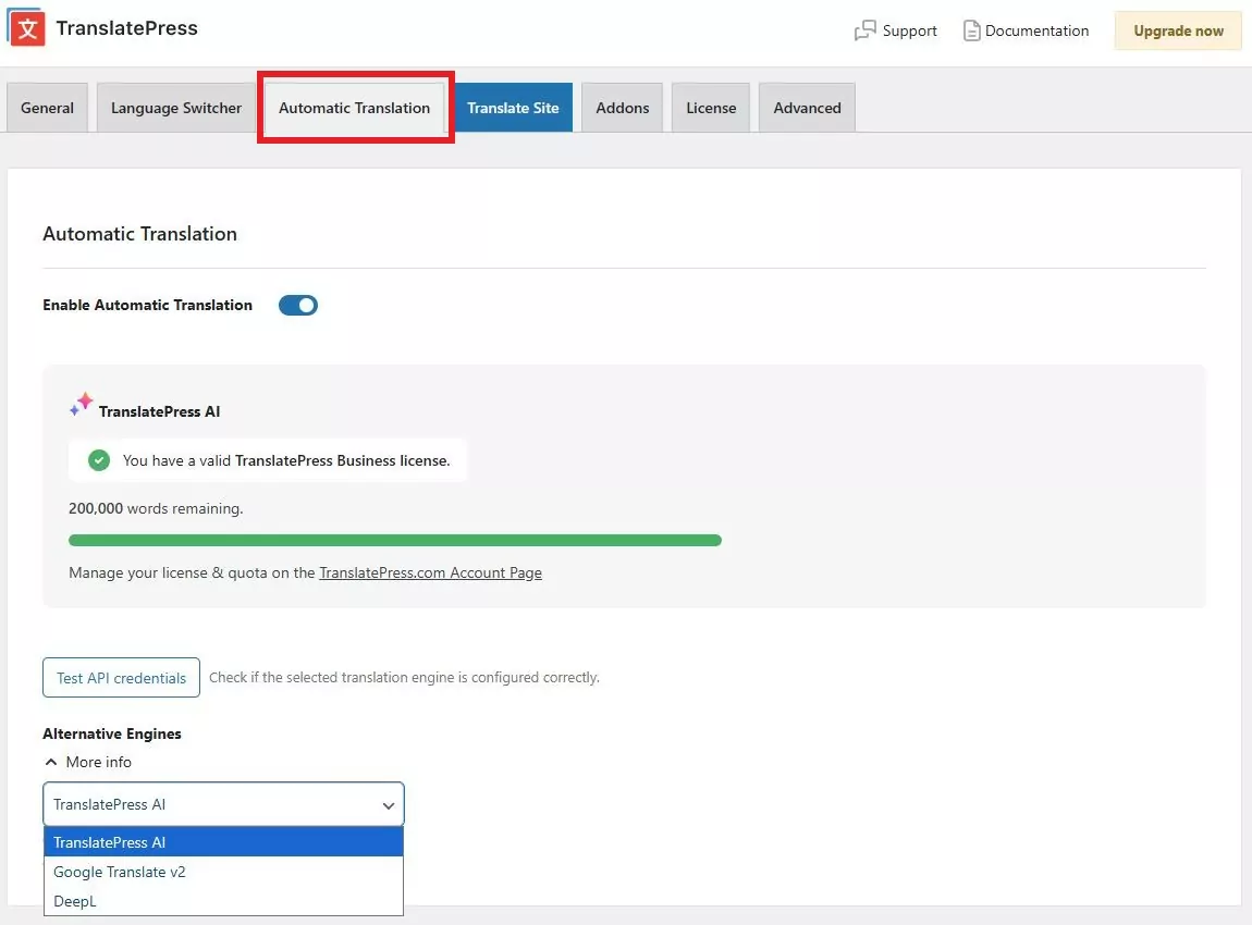 Enabling automatic translation with TranslatePress AI from TranslatePress Settings