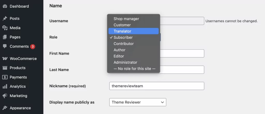 The WordPress Add New User screen showing the Role drop-down menu set to Translator.