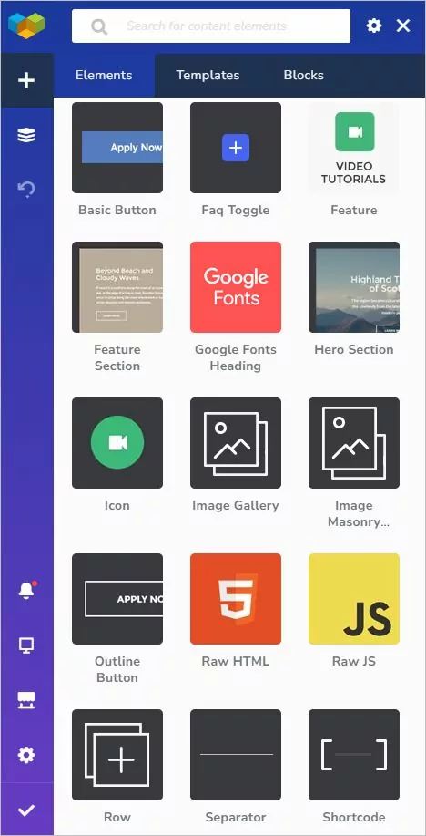 Viewing elements, templates, and blocks tabs from Visual Composer editor