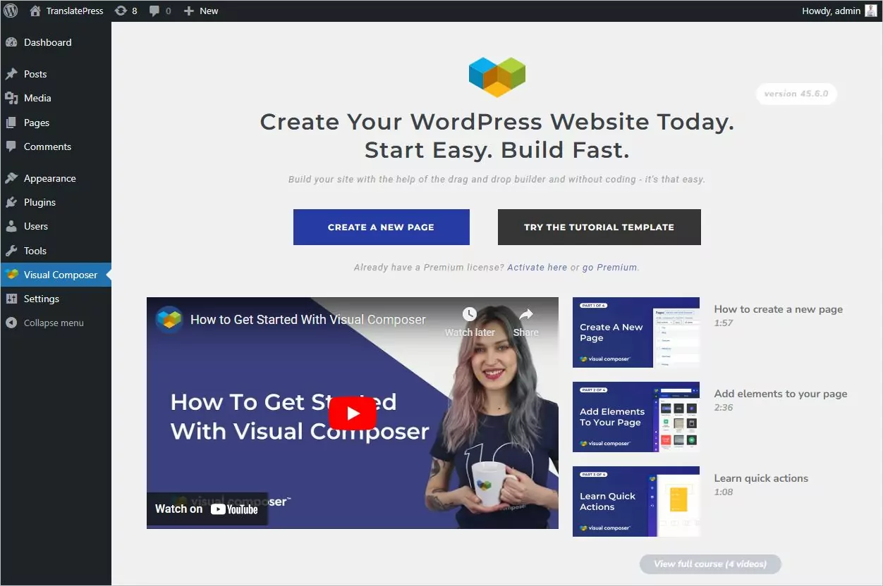 Creating a new page using Visual Composer