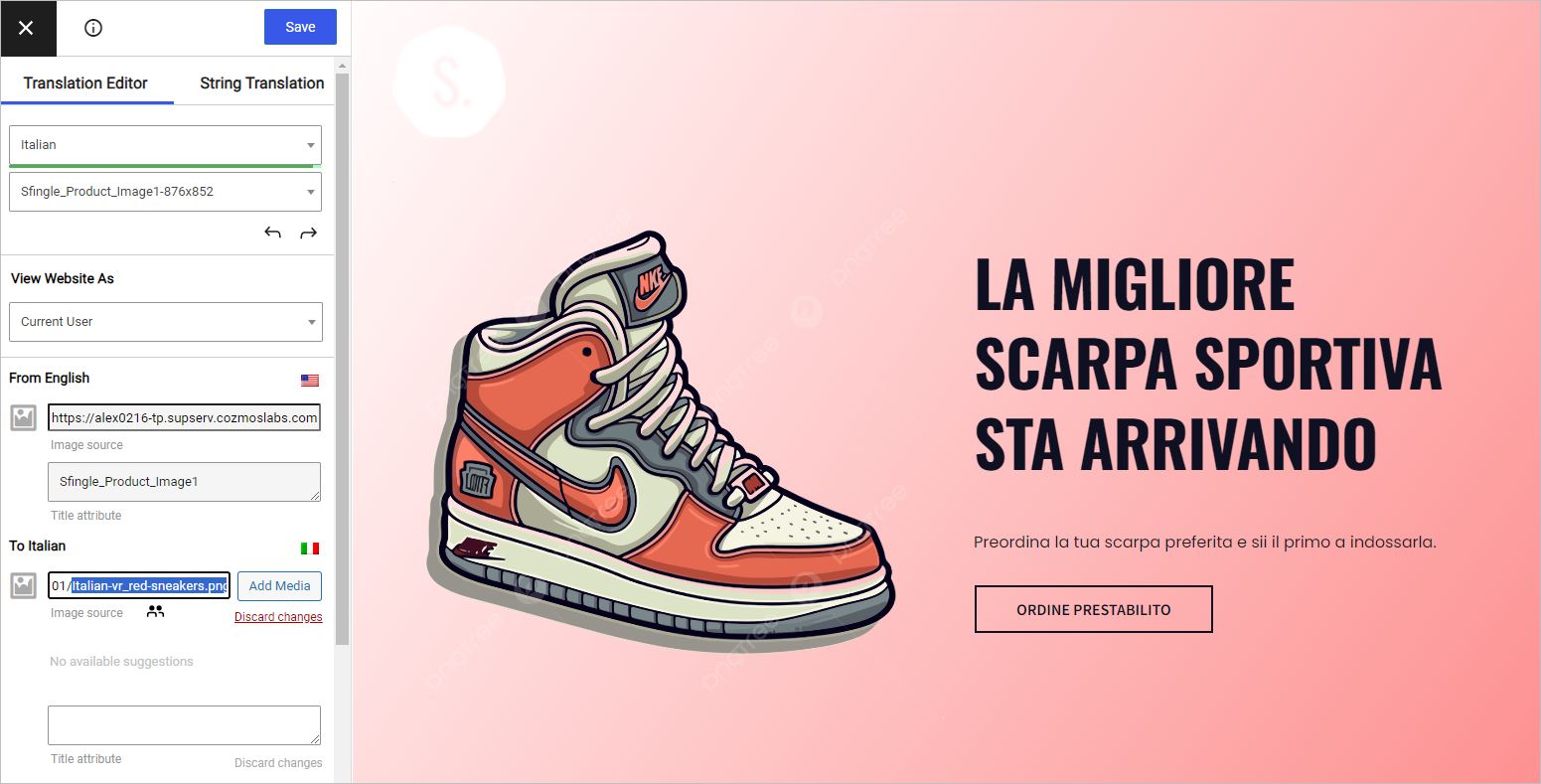 Translating an image of a website built with Visual Composer using TranslatePress Translation Editor
