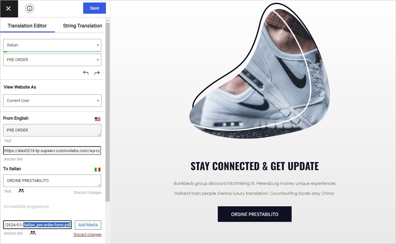Translating a .pdf file of a website built with Visual Composer using TranslatePress Translation Editor