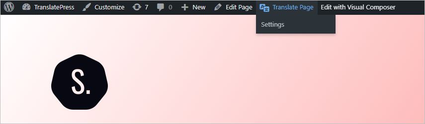 Hovering over Translate Page button from WP Toolbar to translate a Visual Composer page