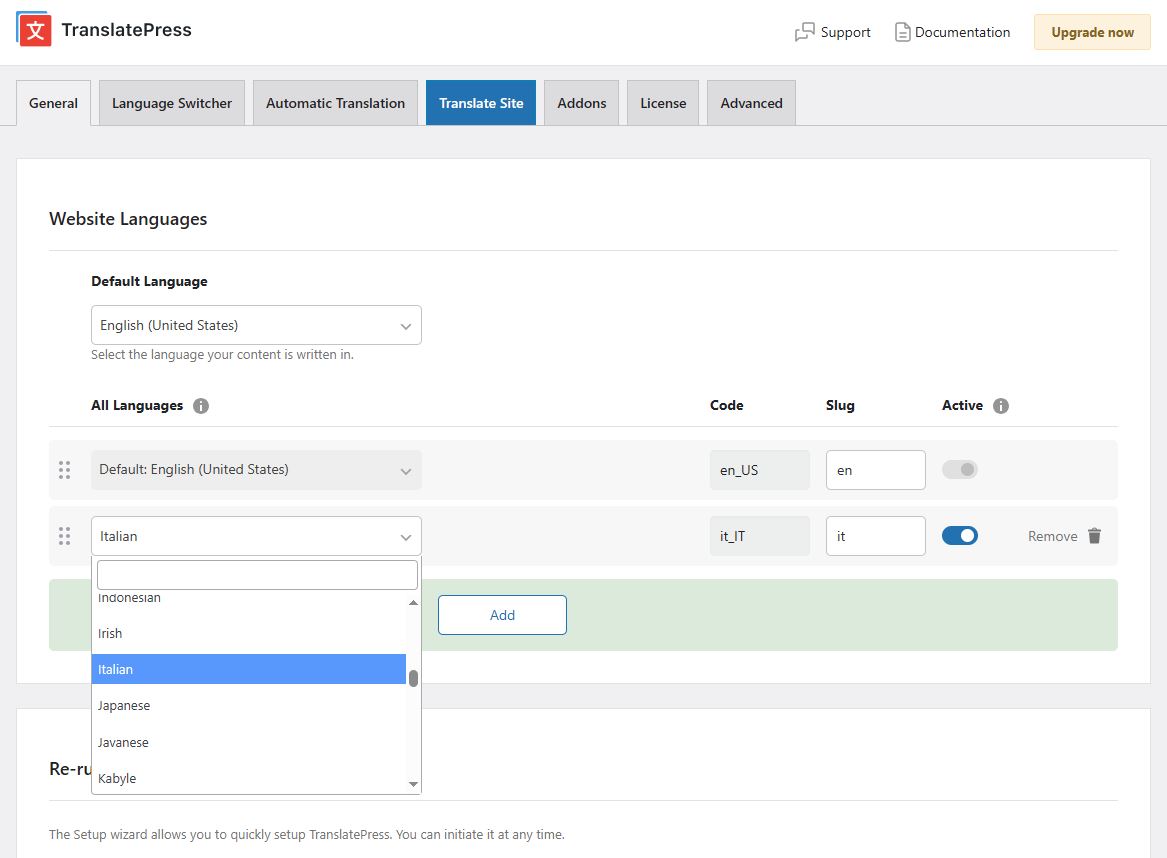 Adding Italian as additional language from TranslatePress General tab