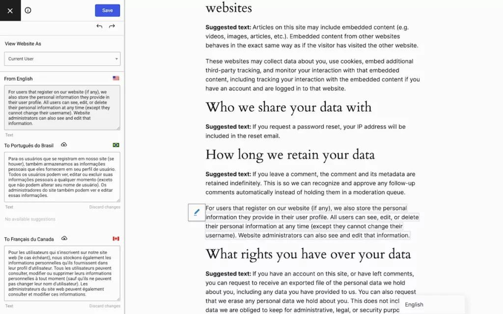 The TranslatePress visual editor showing the full page view on the right with a string selected, and the translation input panel on the left.