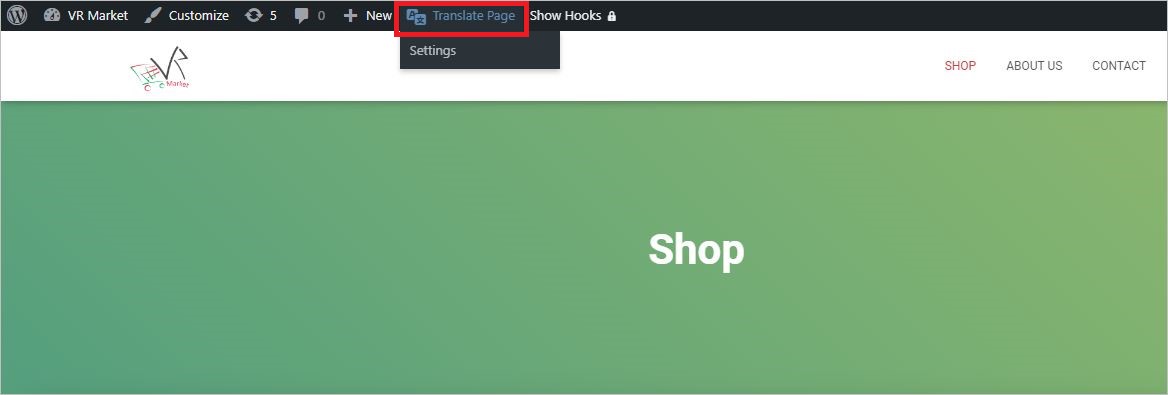 TranslatePress Translate Page button from WordPress Toolbar