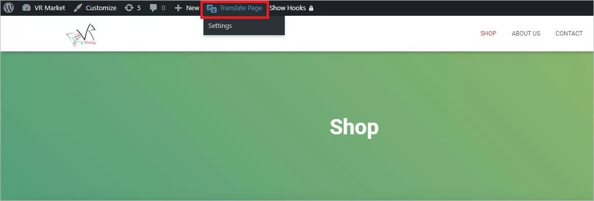 TranslatePress Translate Page button from WordPress Toolbar