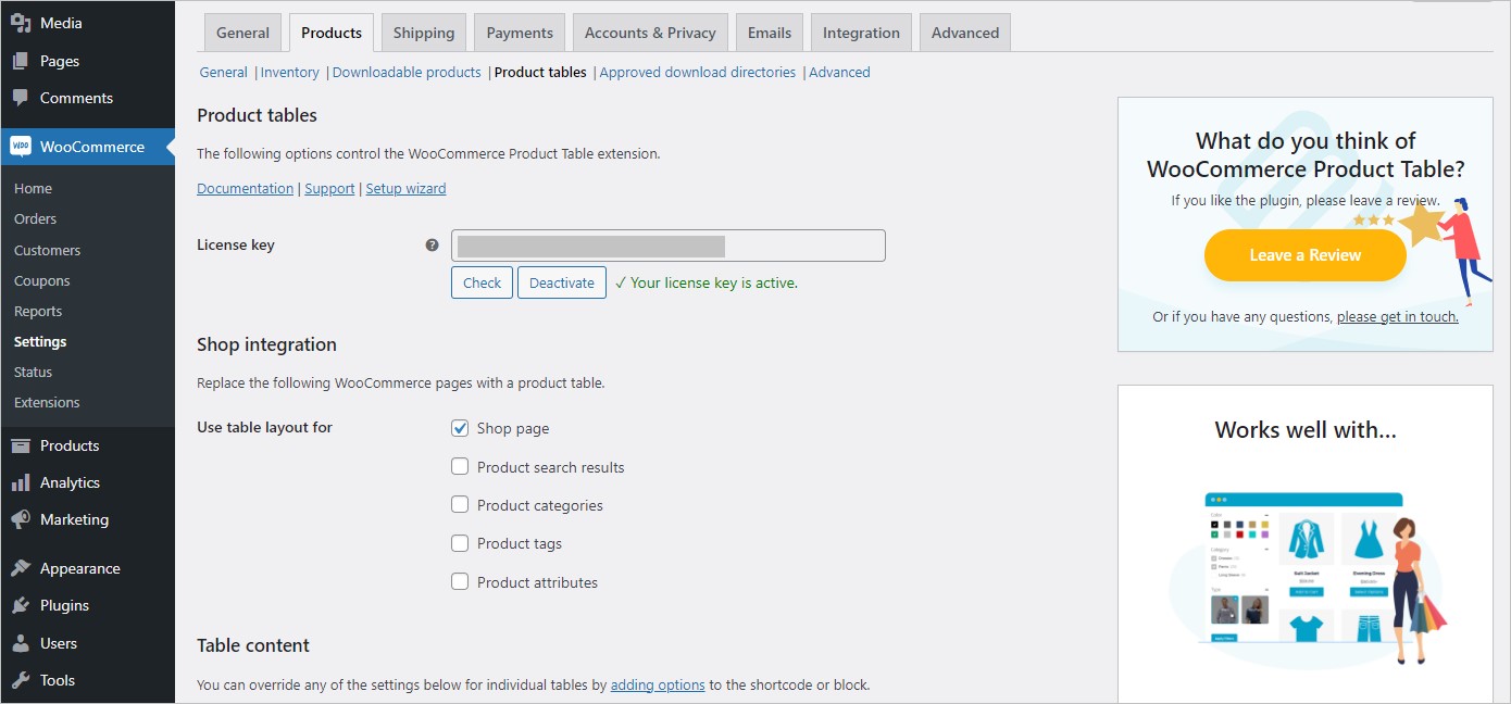 Products tab from WooCommerce Settings