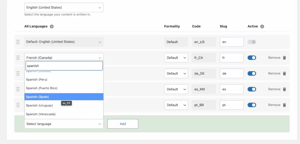 Adding a language in TranslatePress.