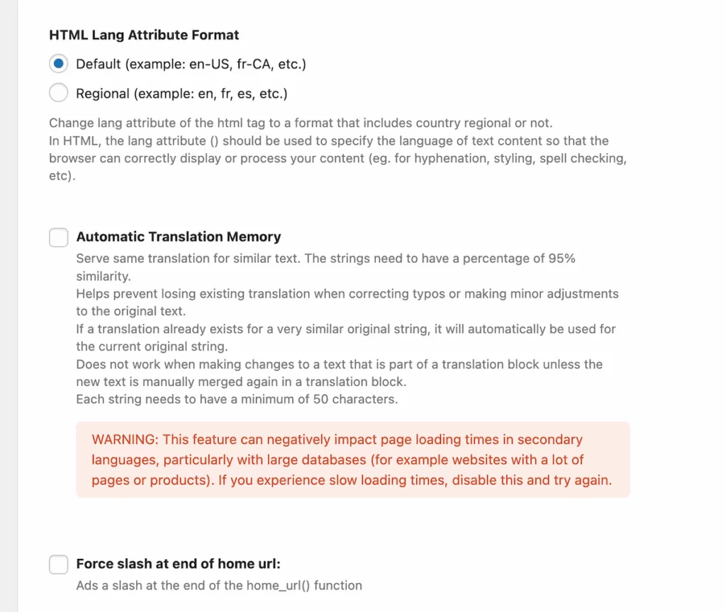 TranslatePress Advanced settings panel with the Automatic Translation Memory option enabled.