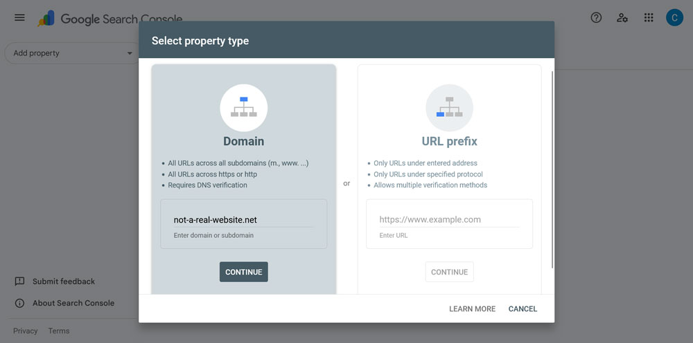 create new domain property in google search console