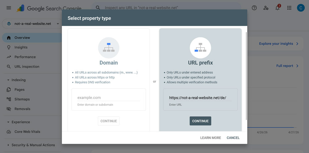 create url prefix property in google search console
