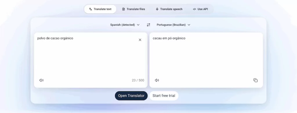 The DeepL online translator showing accurate translation from Spanish to Brazilian Portuguese.